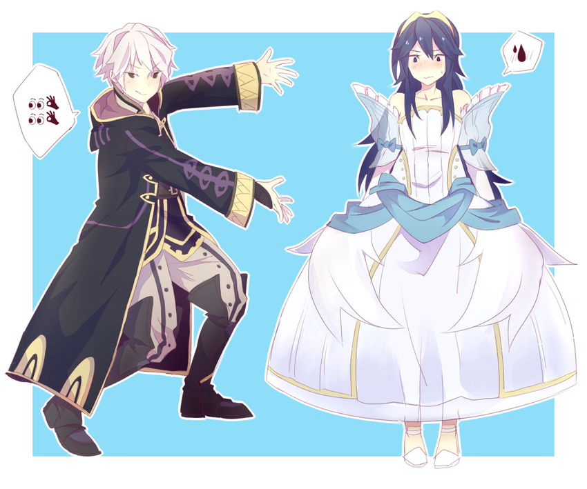 1boy alternate_costume blue_hair blush boots cloak collaboration dress embarrassed emoticon female fire_emblem fire_emblem:_kakusei jisonshin lucina my_unit my_unit_(fire_emblem:_kakusei) parody silver_hair simple_background sweatdrop thought_bubble tiara wedding_dress