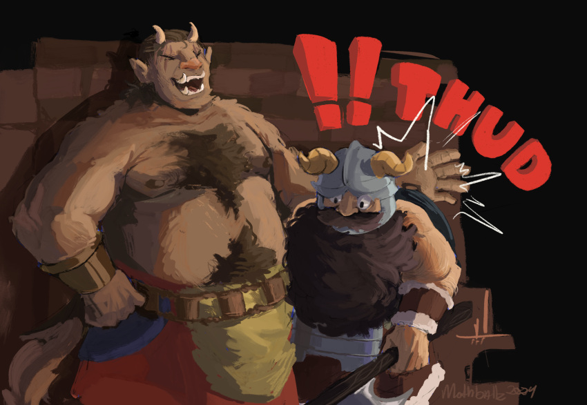 2boys bara beard boar_boy boar_tail body_fur brown_hair chest_tuft cowboy_shot dark-skinned_male dark_skin dungeon_meshi dwarf facial_hair fake_horns height_difference helmet highres horned_helmet horns large_pectorals laughing long_beard male_focus monster_boy mothballlz moustache multiple_boys muscular muscular_male navel_hair nipples orc pants patting_back pectorals senshi_(dungeon_meshi) short_hair standing stomach thick_mustache thick_navel_hair topless_male tusks very_long_beard zon_(dungeon_meshi)