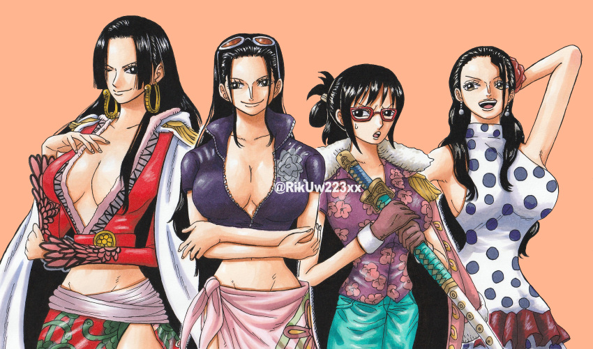 4girls arm_up black_hair blue_jacket boa_hancock breasts cape cleavage coat collared_shirt commentary cowboy_shot crop_top crossed_arms dress earrings epaulettes eyewear_on_head glasses hair_bun highres hime_cut holding holding_sword holding_weapon jacket jewelry long_hair looking_at_viewer looking_to_the_side midriff multiple_girls nico_robin one_piece orange_background pink_sarong purple_shirt riku_(rikuw223xx) sheath sheathed shirt sidelocks simple_background smile snake_earrings sweatdrop sword tashigi turtleneck turtleneck_dress twitter_username viola_(one_piece) weapon white_coat