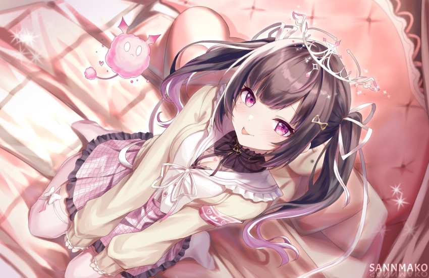 :p artist_name bed_sheet black_hair breasts cardigan cleavage female floating floating_object frilled_skirt frills hair_ornament hair_ribbon heart heart-shaped_pillow highres himemiya_rie kneeling long_hair multicolored_hair on_bed open_cardigan open_clothes phase_connect pillow pink_armband pink_hair pink_skirt pink_thighhighs plaid plaid_skirt purple_eyes ribbon sailor_collar sannmako shirt skirt streaked_hair thighhighs tiara tongue tongue_out twintails virtual_youtuber white_ribbon white_sailor_collar white_shirt yellow_cardigan