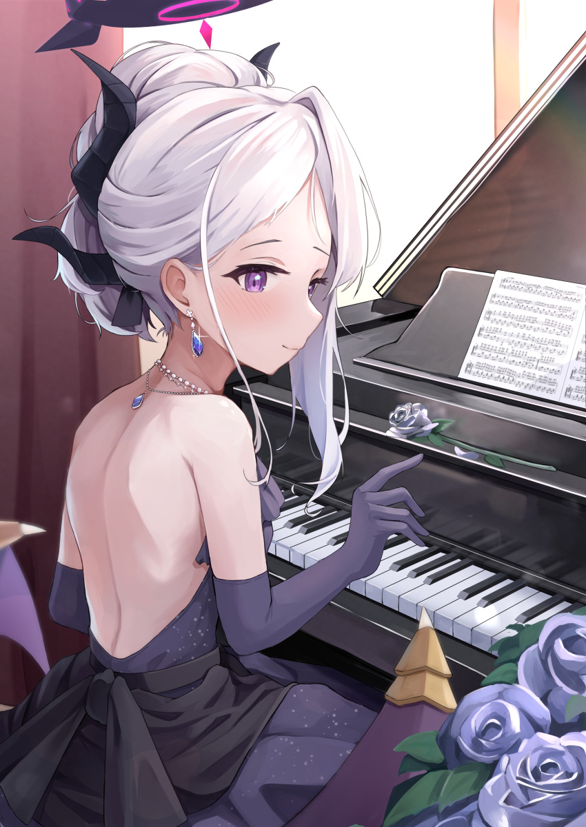 absurdres black_horns black_wings blue_archive blue_flower blush closed_mouth dangle_earrings demon_horns demon_wings earrings elbow_gloves female flower gloves grand_piano grey_hair halo highres hina_(blue_archive) hina_(dress)_(blue_archive) horns instrument jewelry kuroliu_9021 long_hair multiple_horns necklace official_alternate_costume official_alternate_hairstyle pendant piano piano_keys purple_eyes purple_gloves sheet_music smile solo wings