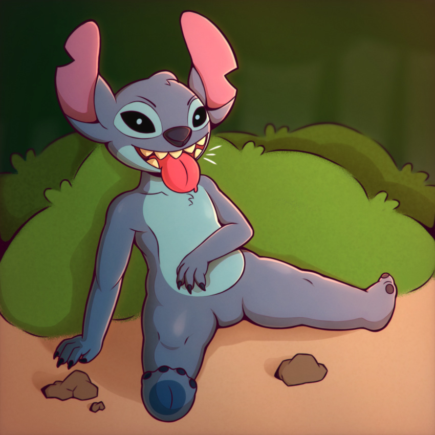 1:1 2023 4_fingers 4_toes alien ambiguous_gender anthro biped black_eyes blue_body blue_claws blue_fur blue_nose blue_pawpads blue_pupils chest_tuft claws disney experiment_(lilo_and_stitch) featureless_crotch feet fingers fur head_tuft hi_res lilo_and_stitch looking_at_viewer notched_ear open_mouth open_smile pawpads plant pupils rock shrub sitting smile solo stitch_(lilo_and_stitch) toes tongue tongue_out tuft vachersfw