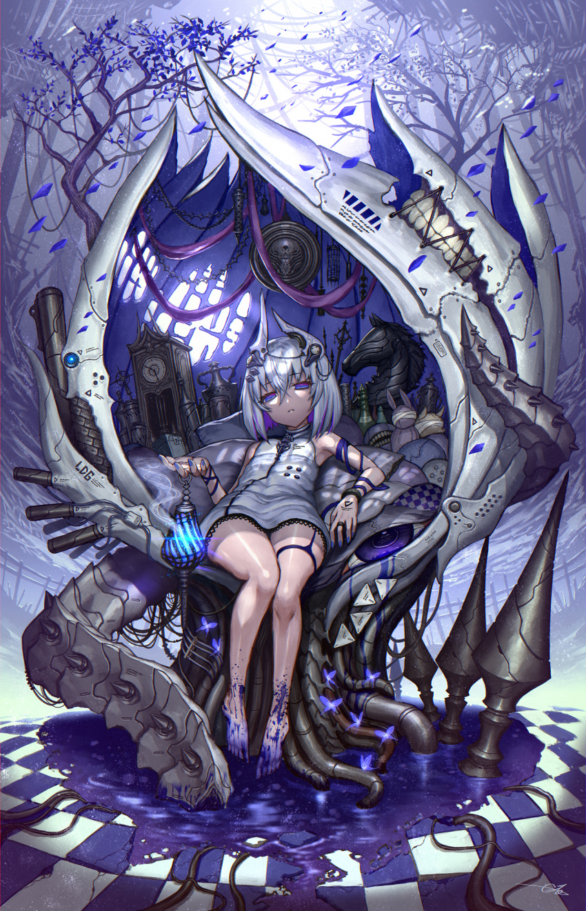 barefoot breasts censer clock colored_inner_hair female gia grandfather_clock highres incense jewelry looking_at_viewer multicolored_hair nail_polish original pillow purple_eyes purple_hair ring small_breasts solo stuffed_toy two-tone_hair vial white_hair