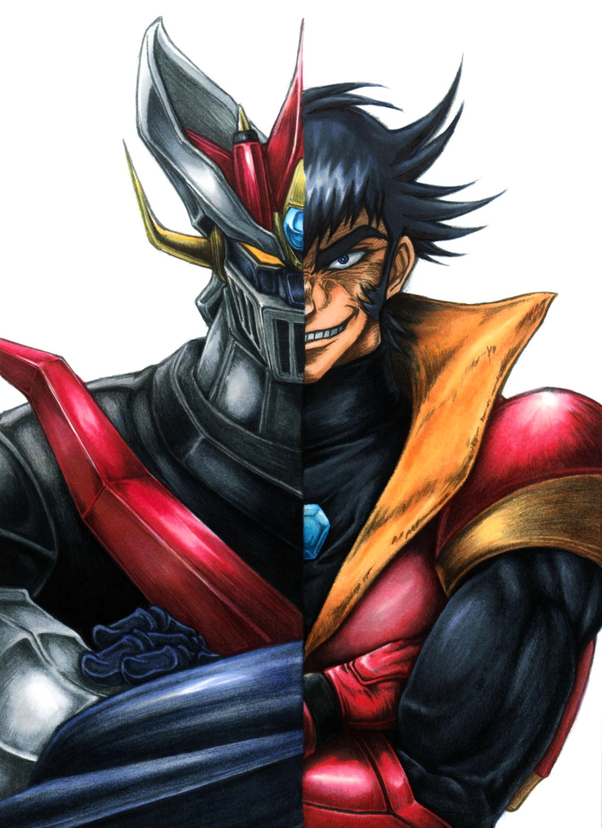 1boy absurdres biceps black_eyes black_hair crossed_arms great_mazinger_(robot) hatching_(texture) highres linear_hatching mazinger_(series) mecha robot shin_mazinger_shougeki!_z-hen smirk split_theme super_robot tsurugi_tetsuya white_background wrato