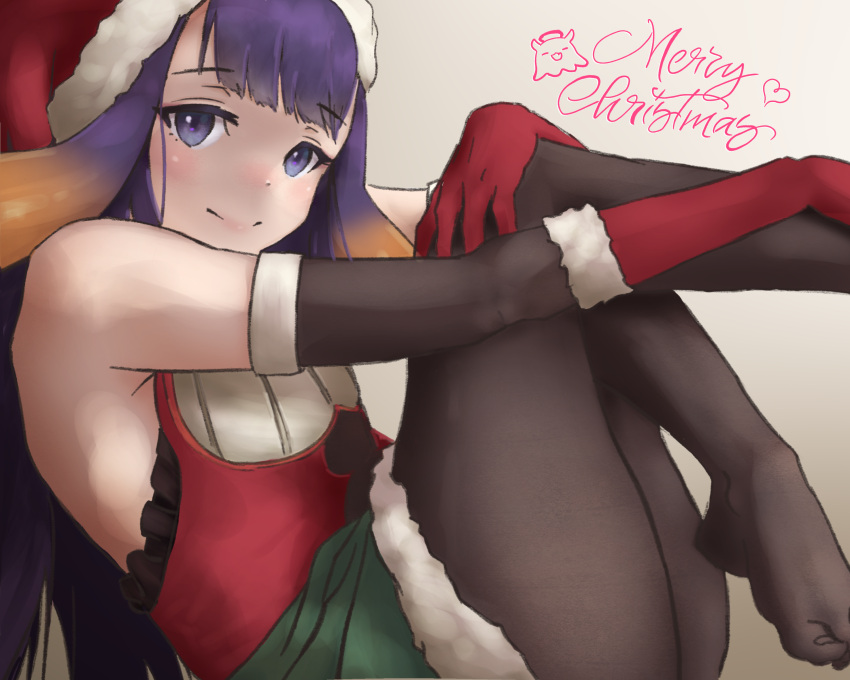 absurdres alternate_costume armpit_peek black_gloves blunt_bangs christmas elbow_gloves female flat_chest fur_trim gloves gradient_hair hat highres hololive hololive_english long_hair looking_at_viewer mocomiliano multicolored_hair ninomae_ina'nis pantyhose purple_eyes purple_hair red_gloves santa_costume santa_hat sidelocks smile solo tentacle_hair very_long_hair virtual_youtuber