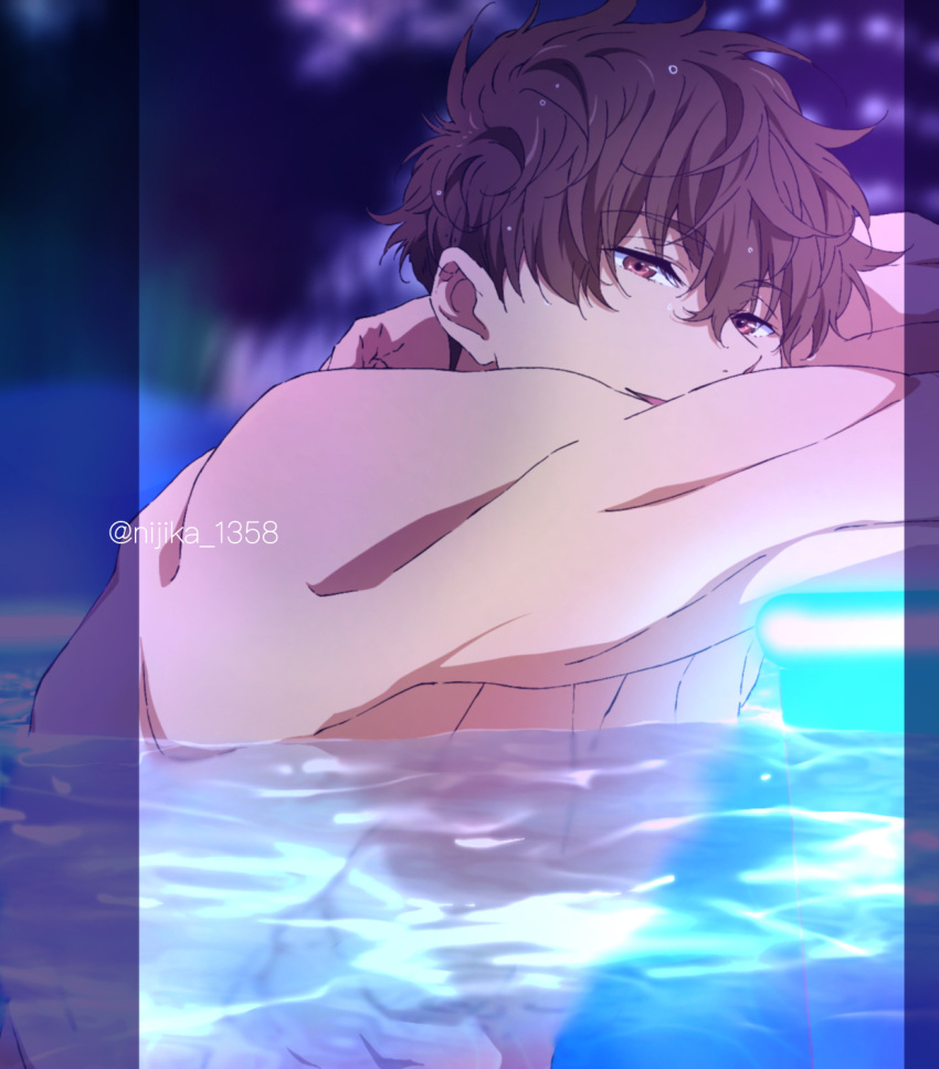 1boy anime_coloring artist_name blurry blurry_background brown_hair commentary free! highres kirishima_natsuya male_focus muscular muscular_male nijika_(key_628194) official_style open_mouth pool short_hair solo topless_male twitter_username upper_body water watermark