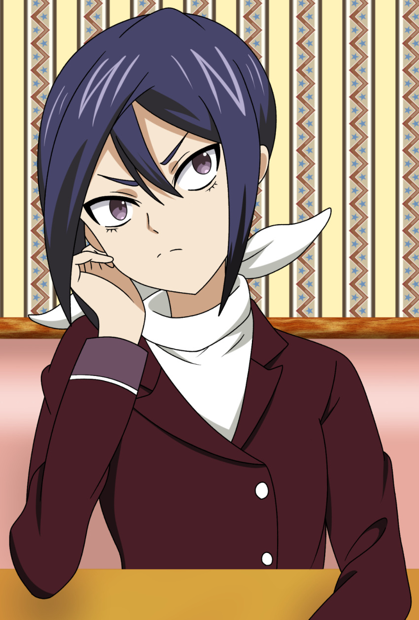 angry blazer blue_hair bow commentary_request female frown highres jacket natsunonekata shokugeki_no_souma solo table tsunozaki_taki