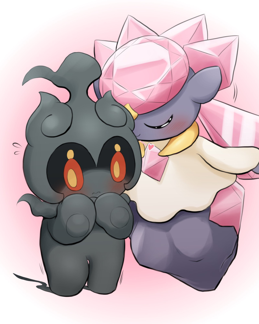 blush closed_eyes commentary_request diancie english_commentary floating flying_sweatdrops gradient_background heart highres kissing marshadow marshadow_(gloom) mixed-language_commentary motion_lines no_humans pokemon pokemon_(creature) simple_background smile standing trembling vitamin_t