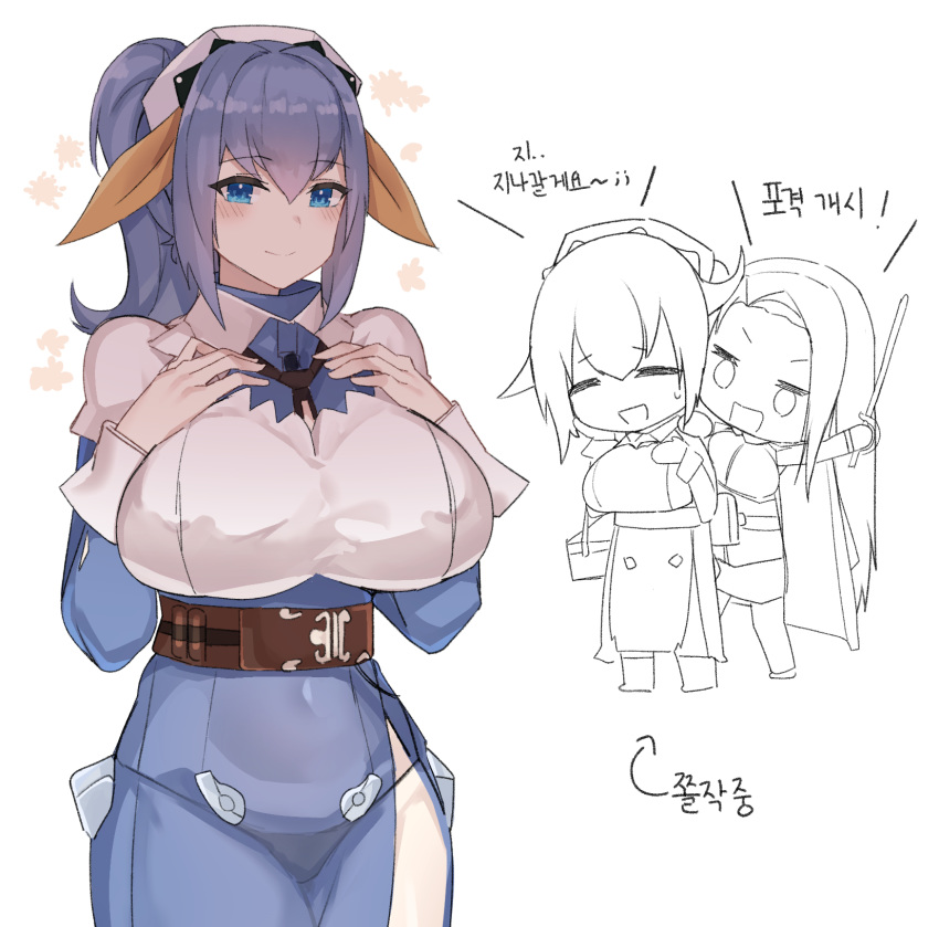 2girls belt blue_dress blue_eyes blue_hair blush breasts chibi closed_eyes commentary_request dress hair_between_eyes highres invincible_dragon_(last_origin) jageungansik korean_commentary korean_text large_breasts last_origin maria_of_penance multiple_girls necktie ponytail side_slit smile