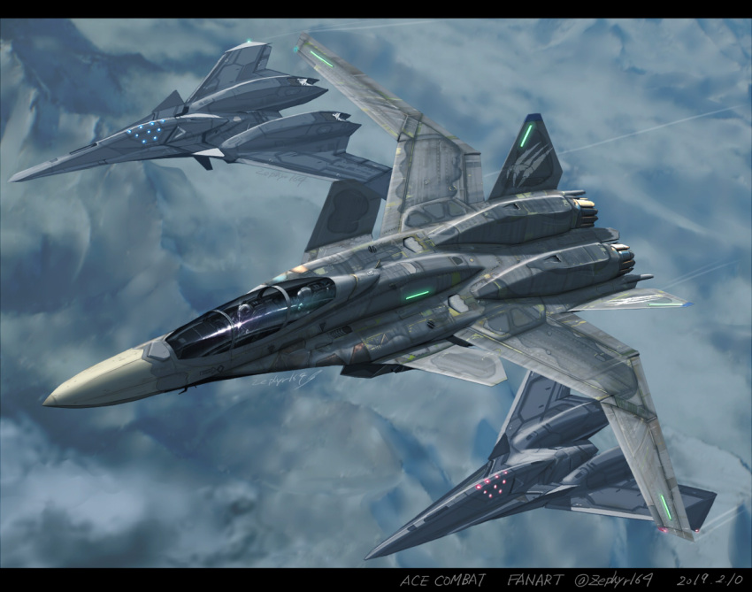 1boy 1other ace_combat ace_combat_7 adf-11f_raven aircraft airplane artist_name canopy_(aircraft) cockpit commentary_request contrail copyright_name emblem fighter_jet flying from_above glowing jet letterboxed military military_vehicle mountain outdoors pilot pilot_helmet pilot_suit science_fiction signature trigger_(ace_combat) vehicle_focus x-02s_strike_wyvern zephyr164