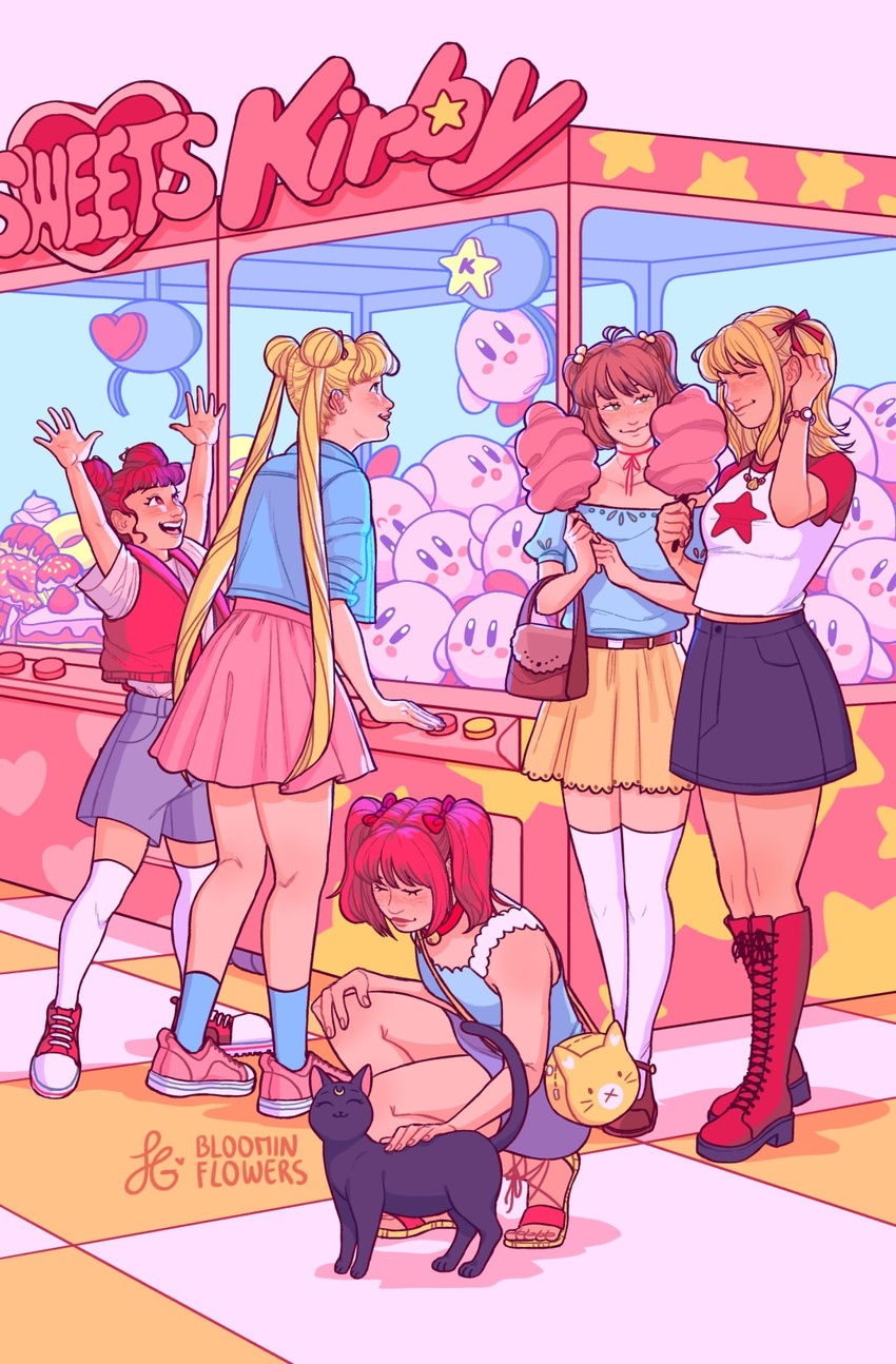 5girls arcade bishoujo_senshi_sailor_moon blonde_hair bloominflowers cardcaptor_sakura crane_game crossover double_bun feline hair_bun harukaze_doremi highres jewelry kinomoto_sakura kirby kirby_(series) long_hair luna_(sailor_moon) mermaid_melody_pichi_pichi_pitch momomiya_ichigo multiple_girls nanami_lucia necklace ojamajo_doremi shell shell_necklace shorts skirt stuffed_toy thighhighs tokyo_mew_mew tsukino_usagi twintails