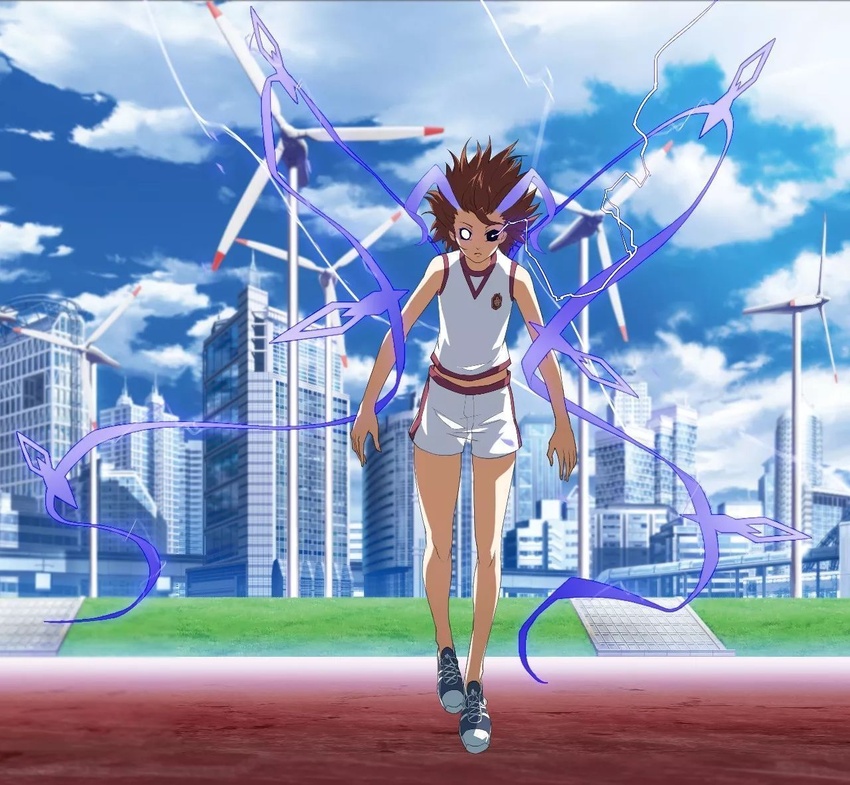 action artist_request bad_link bare_arms bare_shoulders black_sclera blue_sky brown_hair building cloud cloudy_sky colored_sclera day electricity electrokinesis emblem expressionless female full_body game_cg grass gym_shirt gym_shorts gym_uniform horns long_legs medium_hair midriff misaka_mikoto misaka_mikoto_level_6_shift outdoors psychic school_emblem science_fiction shirt short_shorts shorts sky sleeveless sleeveless_shirt solo stomach thighs toaru_kagaku_no_railgun toaru_kagaku_no_railgun_t toaru_majutsu_no_index toaru_majutsu_no_index:_imaginary_fest tokiwadai_school_gym_uniform wall white_eyes white_shirt white_shorts wind_turbine window