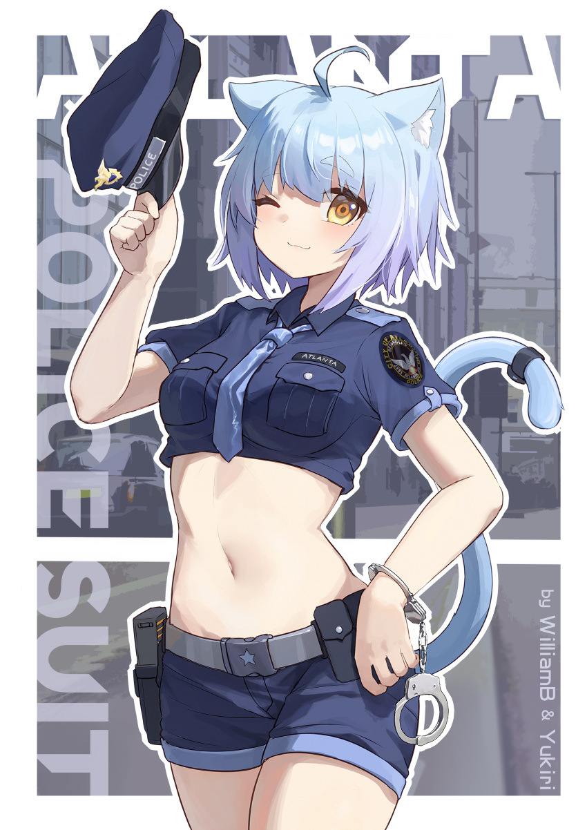 ;3 absurdres ahoge alternate_costume animal_ear_fluff animal_ears artist_name atlanta_(warship_girls_r) belt belt_pouch blue_hair blue_necktie blue_shirt blue_shorts blue_tail breast_pocket breasts cat_ears cat_tail character_name chinese_commentary closed_mouth collaboration collared_shirt commentary_request cowboy_shot crop_top cuffs female grey_belt groin hand_up handcuffs hat highres holding holding_clothes holding_hat holster looking_at_viewer medium_breasts midriff navel necktie one_eye_closed outline pocket police police_badge police_hat police_uniform policewoman pouch shirt short_hair short_shorts short_sleeves shorts sidelocks smile solo standing tail tail_ornament thick_eyebrows uniform unworn_hat unworn_headwear warship_girls_r william.b yellow_eyes yukiri_(l_ii)