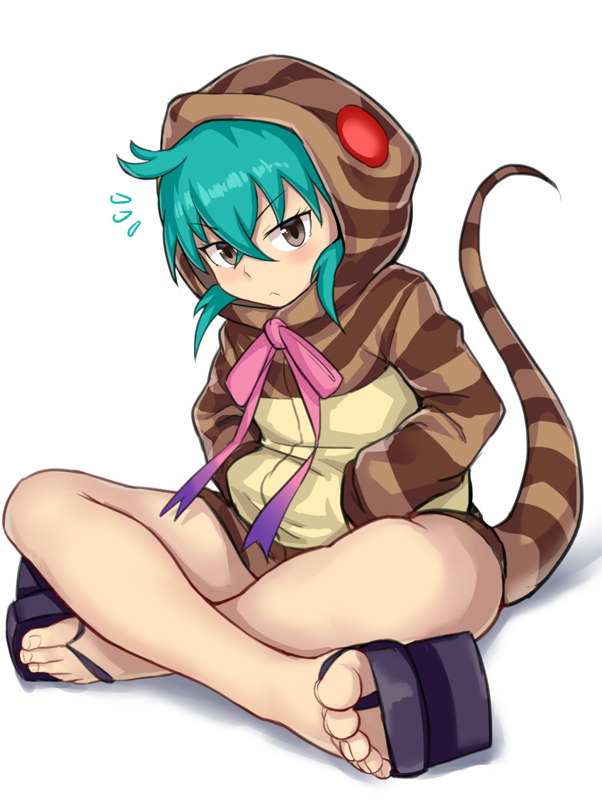 :< absurdres animal_hood aomoro aqua_hair bad_id bad_pixiv_id bare_legs blue_ribbon blush brown_eyes closed_mouth crossed_bangs feet female full_body geta glowing gradient_neck_ribbon gradient_ribbon hair_between_eyes hands_in_pockets highres hood hood_up hoodie indian_style kemono_friends long_sleeves looking_at_viewer neck_ribbon notice_lines pink_ribbon ribbon short_hair sitting snake_hood snake_tail solo striped_clothes striped_hoodie striped_tail tail toenails toes tsuchinoko_(kemono_friends) variant_set white_background