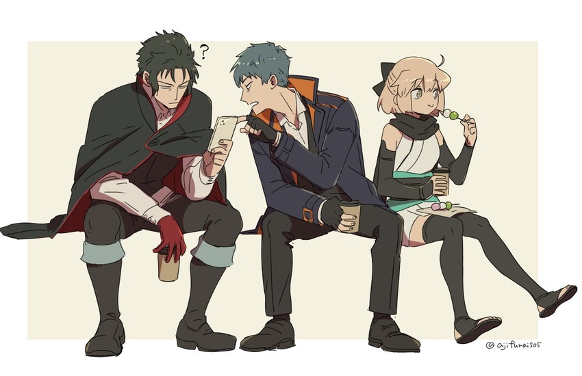 2boys ? ahoge asaya_minoru bare_shoulders black_bow black_cape black_footwear black_hair black_pants black_scarf black_thighhighs black_vest boots bow brown_background brown_hair cape cellphone collared_shirt cup dango disposable_coffee_cup disposable_cup fate/grand_order fate_(series) female food gloves grey_hair hairbow hijikata_toshizou_(fate) holding holding_cup holding_food holding_phone japanese_clothes kimono knee_boots koha-ace long_sleeves multiple_boys okita_souji_(fate) okita_souji_(koha-ace) pants phone profile red_gloves saitou_hajime_(fate) sanshoku_dango scarf shirt shoes single_glove sleeveless sleeveless_kimono stirrup_legwear thighhighs toeless_legwear twitter_username two-tone_background v-shaped_eyebrows vest wagashi white_background white_kimono white_shirt