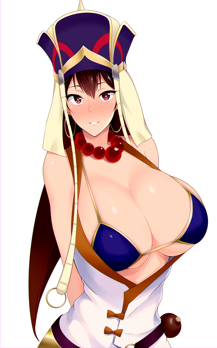 absurdres arms_behind_back bare_shoulders bead_necklace beads bikini blush breasts brown_hair canzume cleavage commentary_request earrings fate/grand_order fate_(series) female gourd hair_between_eyes hat headdress highres hoop_earrings huge_breasts japanese_clothes jewelry kimono long_hair looking_at_viewer necklace parted_lips prayer_beads purple_bikini simple_background sleeveless sleeveless_kimono smile solo swimsuit white_background white_kimono xuangzang_sanzang_(fate)