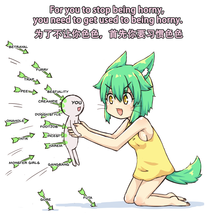 1other :3 :d absurdres animal_ear_fluff animal_ears arrow_(projectile) artist_self-insert bare_shoulders barefoot breasts cat_ears cat_girl cat_tail chinese_commentary chinese_text commentary english_commentary english_text eyelashes female green_hair greenteaneko greenteaneko-chan hair_between_eyes highres holding_person kneeling light_blush looking_at_another medium_hair mixed-language_commentary motion_lines open_mouth original shirt sideboob sidelocks smile tail v-shaped_eyebrows whiskers white_background yellow_eyes yellow_shirt