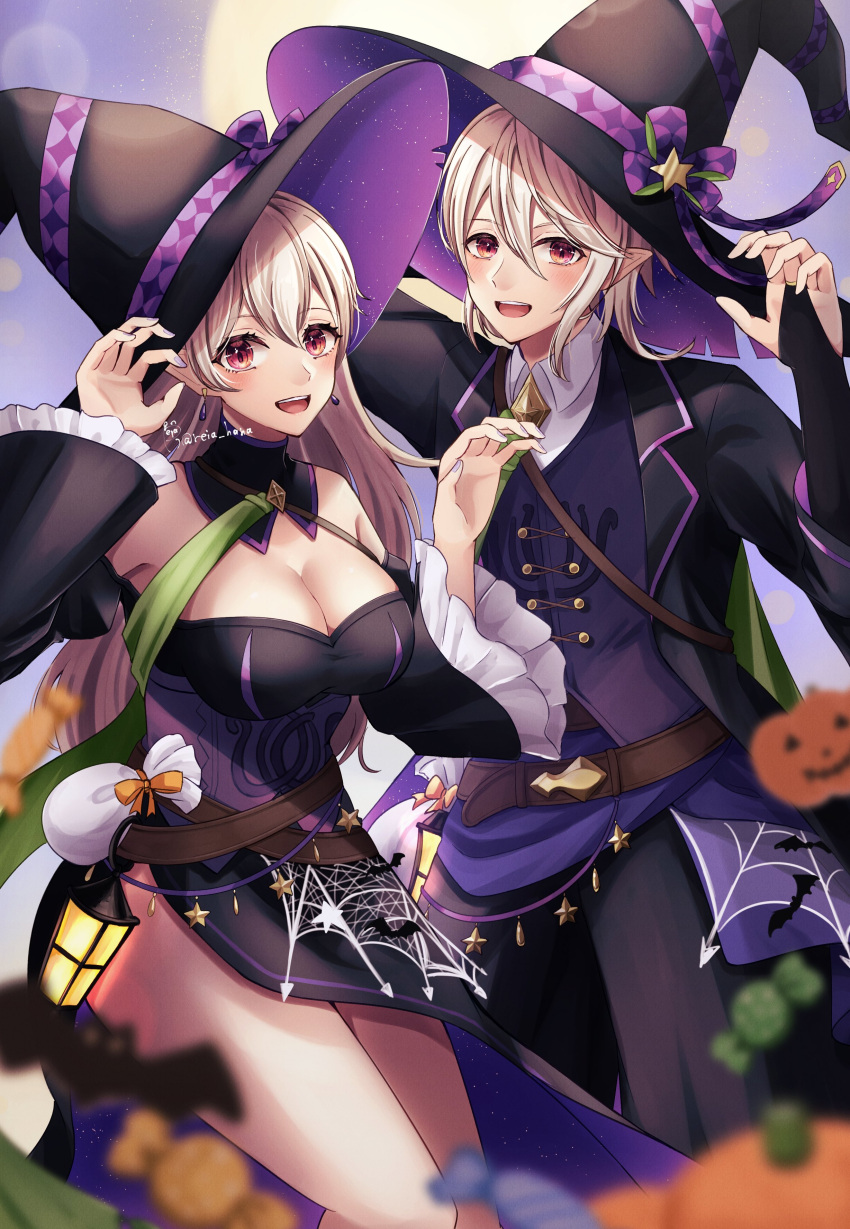 1boy :d absurdres artist_name bare_shoulders belt_pouch black_dress blurry breasts cleavage commentary_request corrin_(female)_(fire_emblem) corrin_(female)_(halloween)_(fire_emblem) corrin_(fire_emblem) corrin_(male)_(fire_emblem) corrin_(male)_(halloween)_(fire_emblem) depth_of_field detached_sleeves dress earrings female fire_emblem fire_emblem_fates fire_emblem_heroes frills grey_hair halloween halloween_costume hands_up hat highres jewelry large_breasts long_hair long_sleeves looking_at_viewer off-shoulder_dress off_shoulder official_alternate_costume open_mouth pointy_ears pouch red_eyes reia_hana side_slit signature simple_background smile turtleneck twitter_username witch witch_hat