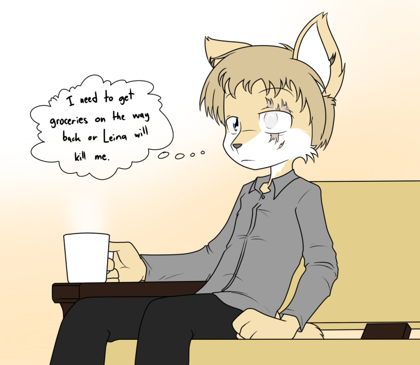 2018 anthro beverage blue_eyes canid canine clothing coffee digital_media_(artwork) dress_shirt english_text fingers fox fur furniture hair inner_monologue isaac_(monkeykinghero) male mammal multicolored_body multicolored_fur sandwich-anomaly scar shirt simple_background sitting sofa solo tan_body tan_fur tan_hair text thought_bubble topwear white_body white_fur