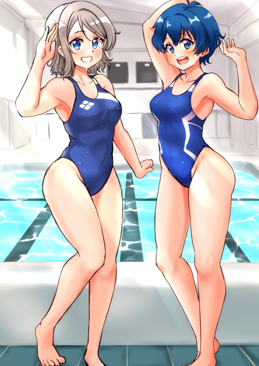 2girls absurdres blue_eyes blue_hair blue_one-piece_swimsuit breasts brown_hair commentary_request commission competition_swimsuit crossover ereka grin highres kamishiro_sui love_live! love_live!_sunshine!! medium_breasts multiple_girls one-piece_swimsuit open_mouth pixiv_commission pool poolside round_teeth salute short_hair smile swimsuit teeth tokyo_7th_sisters upper_teeth_only watanabe_you