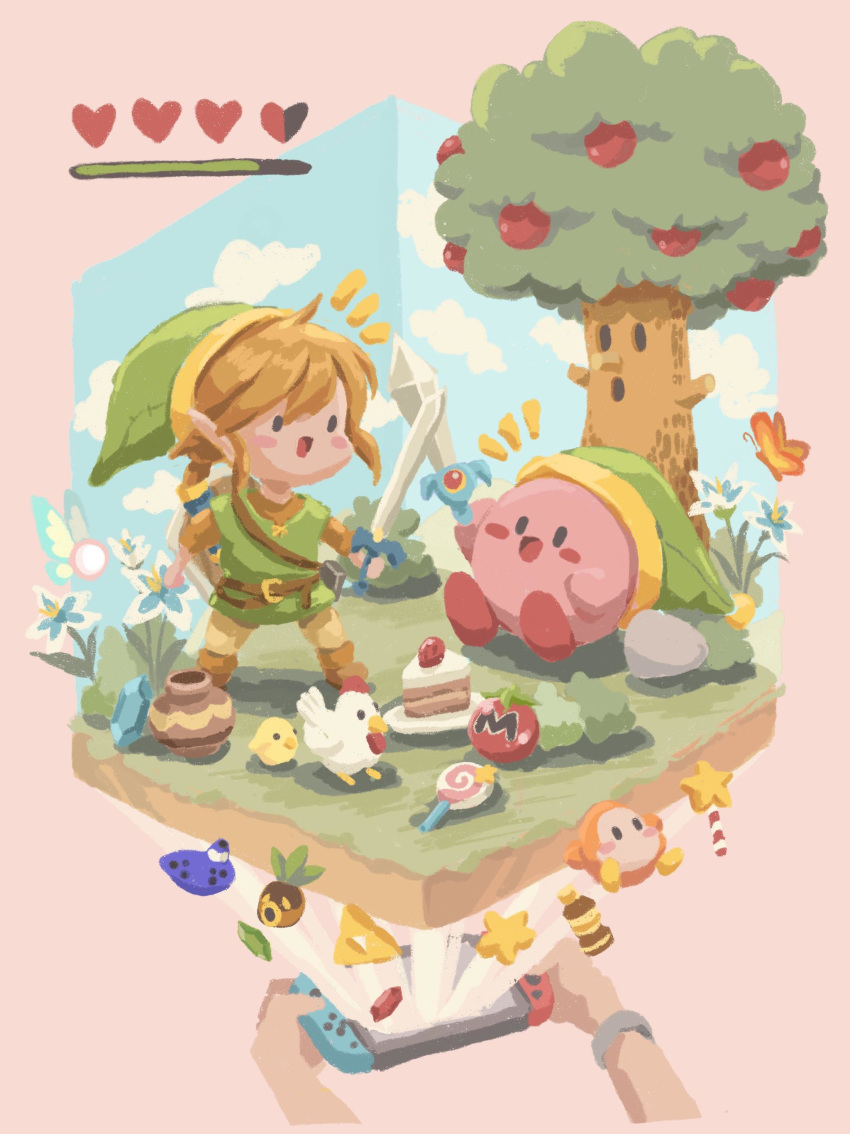 1boy absurdres apple blue_sky brown_hair bug butterfly cake candy cloud commentary crossover cucco deku_mask english_commentary fairy fishcakeys food fruit green_headwear green_tunic heads-up_display highres holding holding_sword holding_weapon instrument kirby kirby_(series) left-handed link lollipop maxim_tomato nintendo_switch ocarina pointy_ears pot rupee_(zelda) silent_princess sky smile star_(symbol) star_rod sword the_legend_of_zelda tree triforce waddle_dee weapon whispy_woods