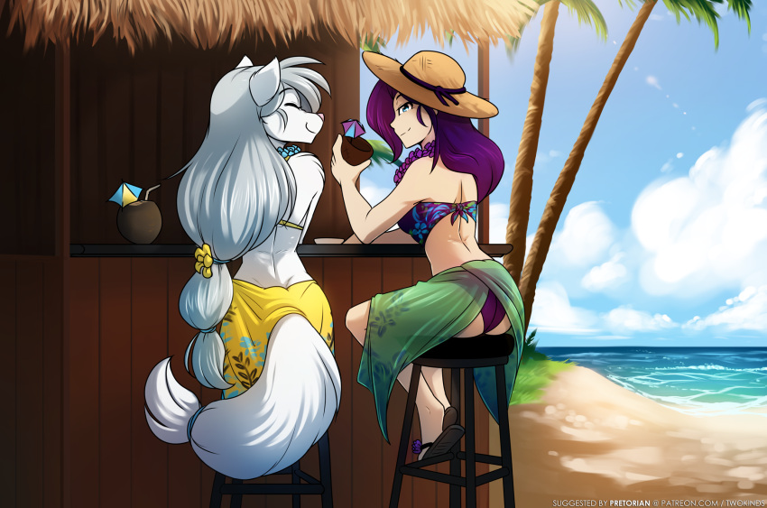 2021 accessory anthro beach beverage bikini bikini_bottom bikini_top canid canine canis closed_eyes clothed clothing coconut conditional_dnp detailed_background drupe_(fruit) duo female food footwear fruit fur furniture grey_hair hair hair_accessory hat headgear headwear hi_res holding_beverage holding_object human keidran lei long_hair mammal maren_taverndatter midriff outside palm_tree plant purple_hair raine_silverlock rear_view sandals sarong sea seaside sitting skimpy smile stool swimwear text tom_fischbach tree twokinds url water webcomic white_body white_fur wolf