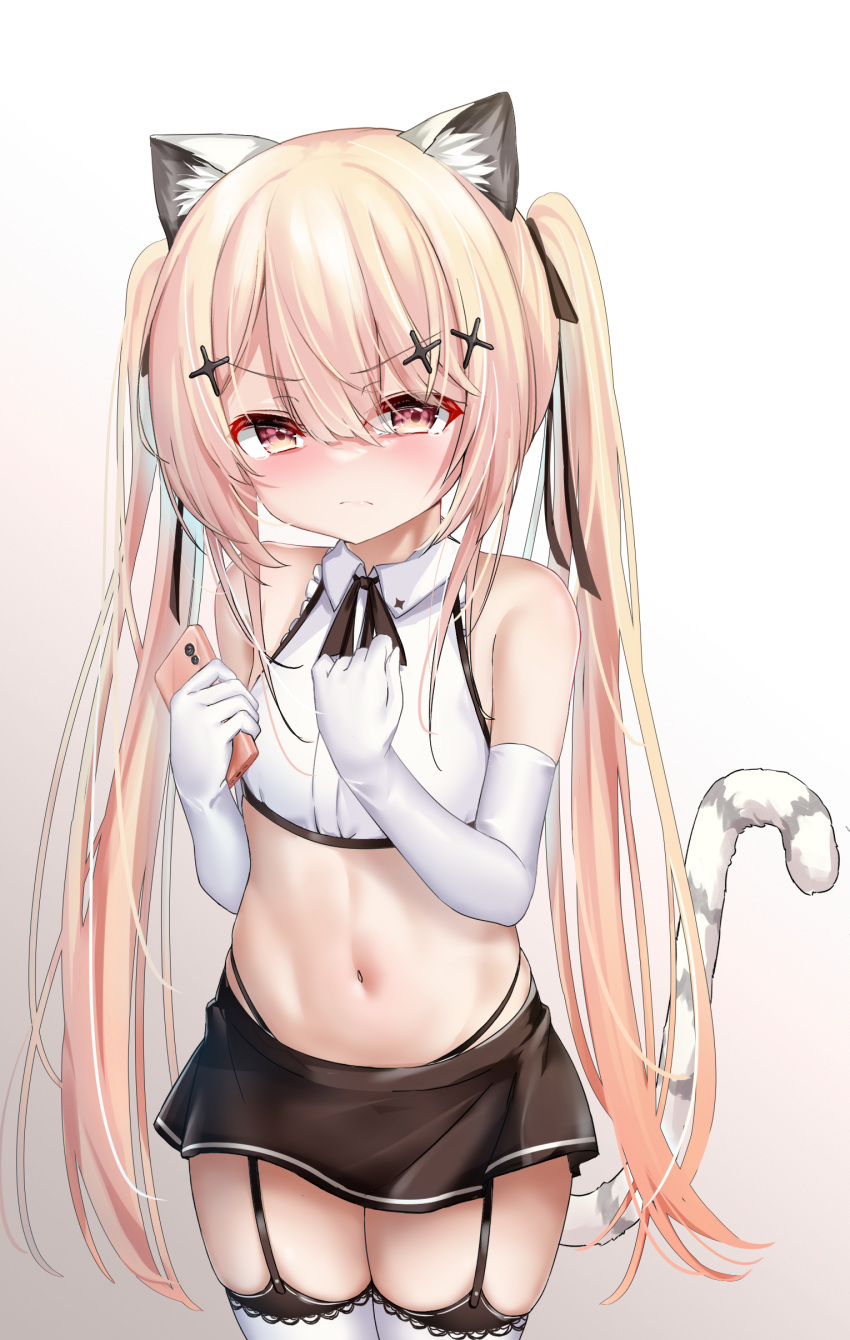 absurdres animal_ear_fluff animal_ears black_panties black_skirt blonde_hair cat_ears cat_girl cat_tail cellphone chucolala crop_top elbow_gloves female garter_straps gloves hair_ornament hairclip hand_on_own_chest highleg highleg_panties highres holding long_hair microskirt navel panties phone red_eyes shirt skirt sleeveless sleeveless_shirt smartphone solo suzumiya_rin tail tears thighhighs thighs twintails underwear very_long_hair virtual_youtuber white_gloves white_shirt white_thighhighs ya_chuifeng_lai zettai_ryouiki