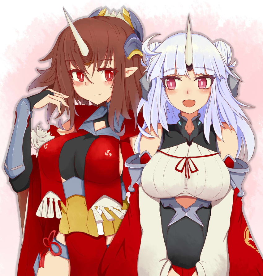 2girls absurdres azur_lane bare_shoulders breasts bridal_gauntlets brown_hair closed_mouth detached_sleeves double_bun gauntlets hair_bun headgear highres horns japanese_clothes jiinku_(actoooooon) large_breasts long_hair mikuma_(azur_lane) mogami_(azur_lane) multiple_girls open_mouth pointy_ears red_eyes simple_background single_horn smile upper_body white_hair