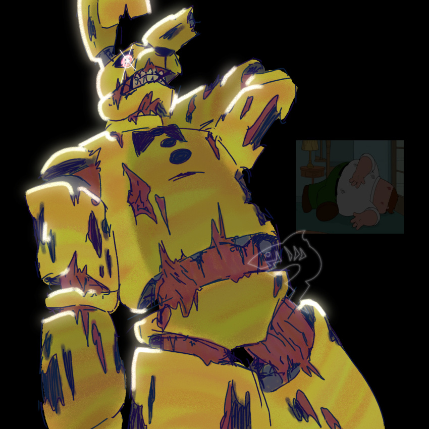 1:1 2022 animatronic anthro backlighting death digital_media_(artwork) duo family_guy family_guy_death_pose fish five_nights_at_freddy's five_nights_at_freddy's_3 flexing furniture hi_res human lagomorph lamp leporid light lighting looking_down machine male mammal marine peter_griffin rabbit robot scottgames shark shockshark solo_focus springtrap_(fnaf) stairs table