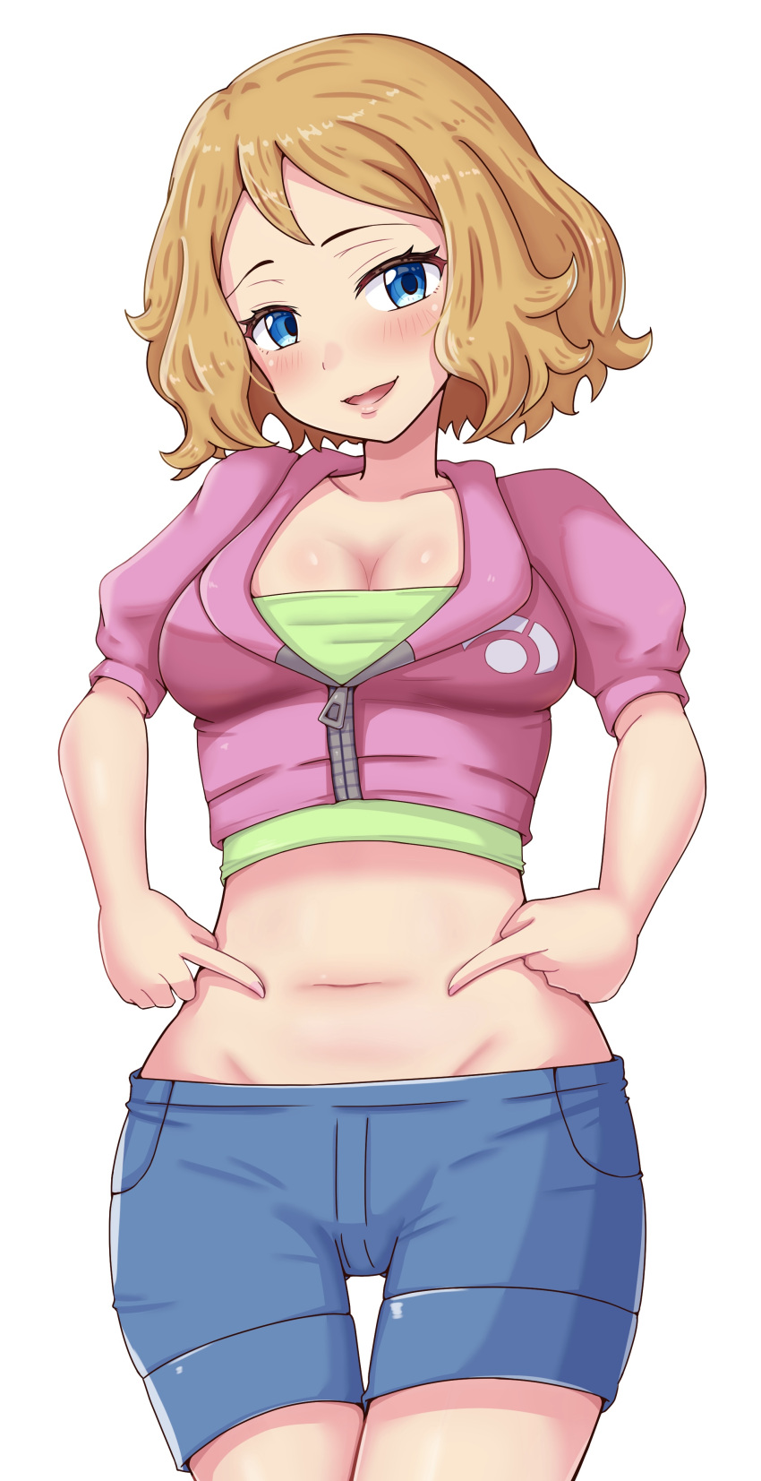 absurdres blue_eyes blue_shorts breasts brown_hair cropped_jacket cropped_shirt female green_shirt highres jacket looking_at_viewer maho_(corotonton5150) navel open_mouth pink_jacket pokemon pokemon_(anime) pokemon_xy_(anime) serena_(pokemon) shirt shorts small_breasts smile solo white_background