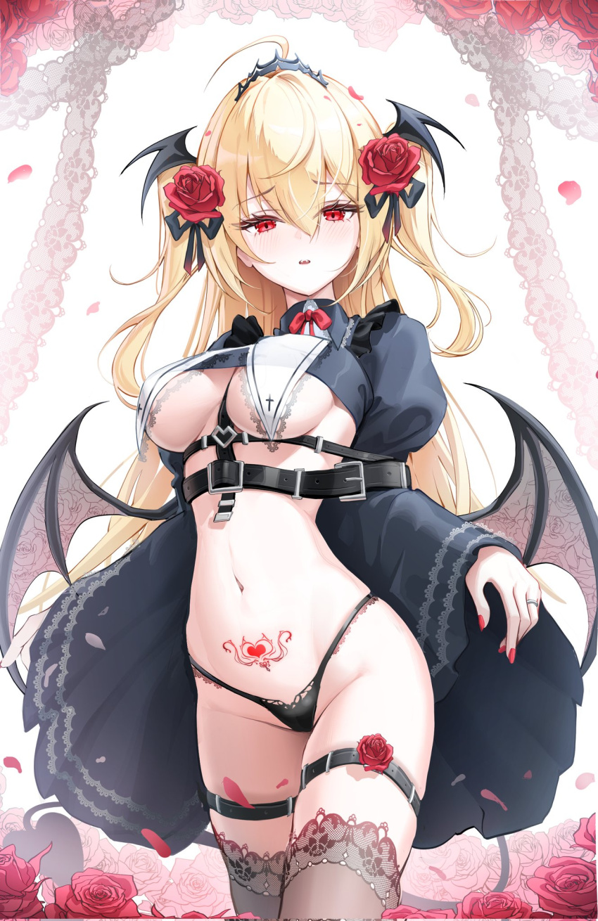 belt black_belt black_thighhighs blonde_hair blush breasts demon_girl demon_tail demon_wings falling_petals female flower hair_flower hair_ornament highres kira_(kira78718520) large_breasts long_hair long_sleeves looking_at_viewer navel open_mouth original petals pointy_ears pubic_tattoo red_eyes red_flower red_rose revealing_clothes rose solo tail tattoo thigh_strap thighhighs underboob wide_sleeves wings