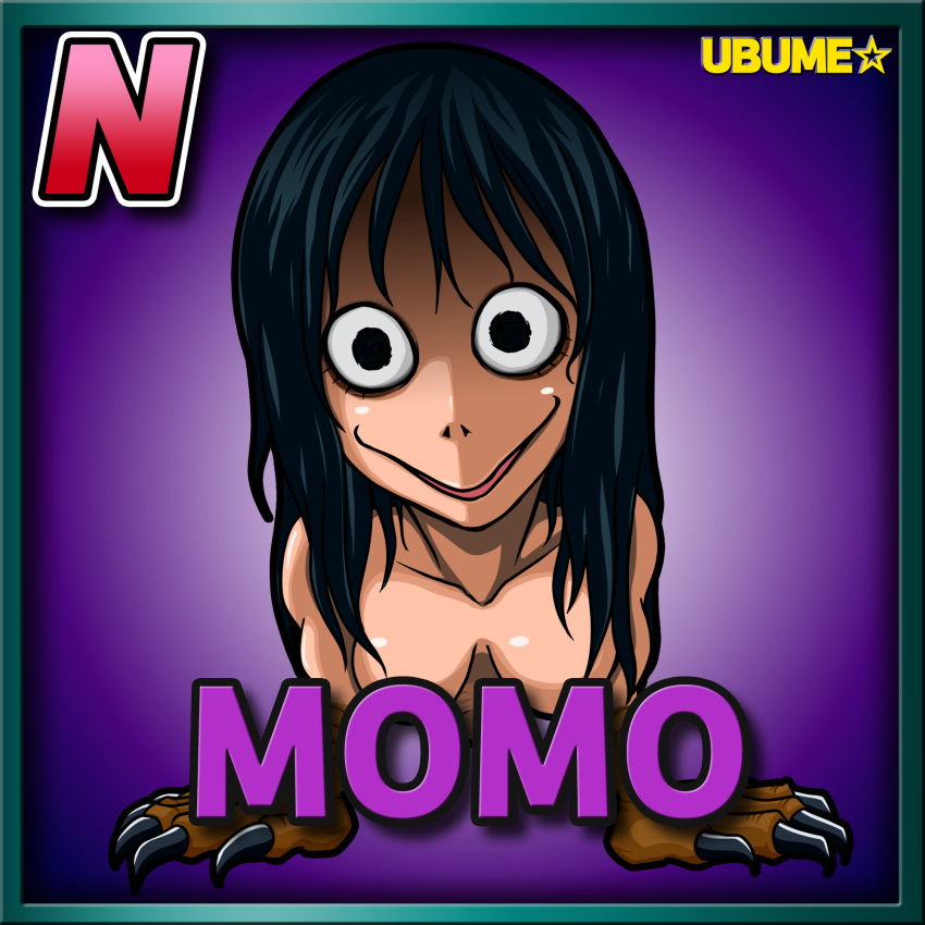 black_eyes black_hair blue_border border card_(medium) card_parody character_name commentary_request copyright_name creepypasta female full_body highres horror_(theme) long_hair looking_at_viewer medium_bangs meta_meta momo_(creepypasta) open_mouth purple_background solo star_(symbol)