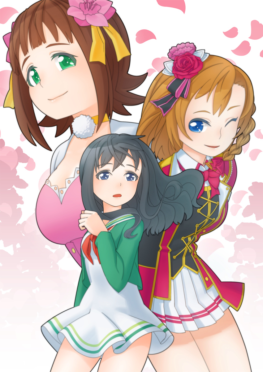 3girls amami_haruka bad_id bad_pixiv_id bokura_no_live_kimi_to_no_life commentary_request crossover highres idolmaster idolmaster_(classic) kosaka_honoka love_live! love_live!_school_idol_project multiple_crossover multiple_girls peaceyj shimada_mayu trait_connection wake_up_girls!