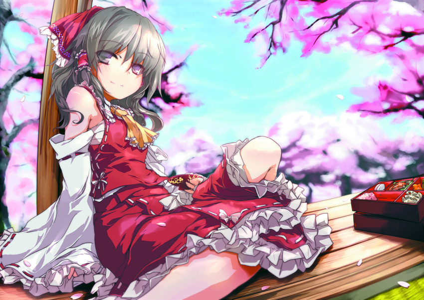 ayuya_naka_no_hito brown_hair cherry_blossoms hakurei_reimu japanese_clothes miko petals touhou