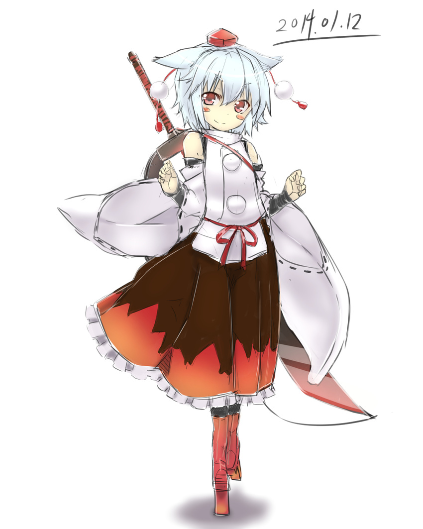 animal_ears blush_stickers commentary_request dated female geta grey_hair hat highres inubashiri_momiji karaage_(ta-na) red_eyes short_hair skirt solo sword tokin_hat touhou weapon wolf_ears