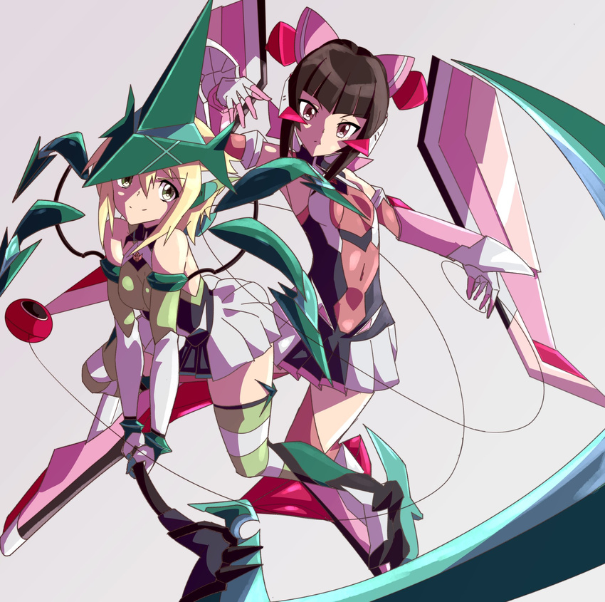 2girls akatsuki_kirika bare_shoulders black_hair blonde_hair bodysuit breasts covered_navel elbow_gloves gloves goniataito green_eyes grey_background hair_ornament highres long_hair looking_at_viewer medium_breasts multiple_girls pink_eyes scythe senki_zesshou_symphogear short_hair skirt small_breasts smile thighhighs tsukuyomi_shirabe twintails yo-yo