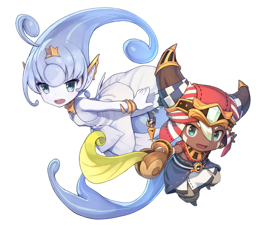 1boy absurdres ahoge blue_skin colored_skin dark-skinned_male dark_skin elemental_(creature) ever_oasis fake_horns female highres horned_headwear horns isuna_(ever_oasis) looking_at_viewer mermaid monster_girl official_art photoshop_(medium) pointy_ears shizuma_yoshinori sword tethu water_elemental weapon