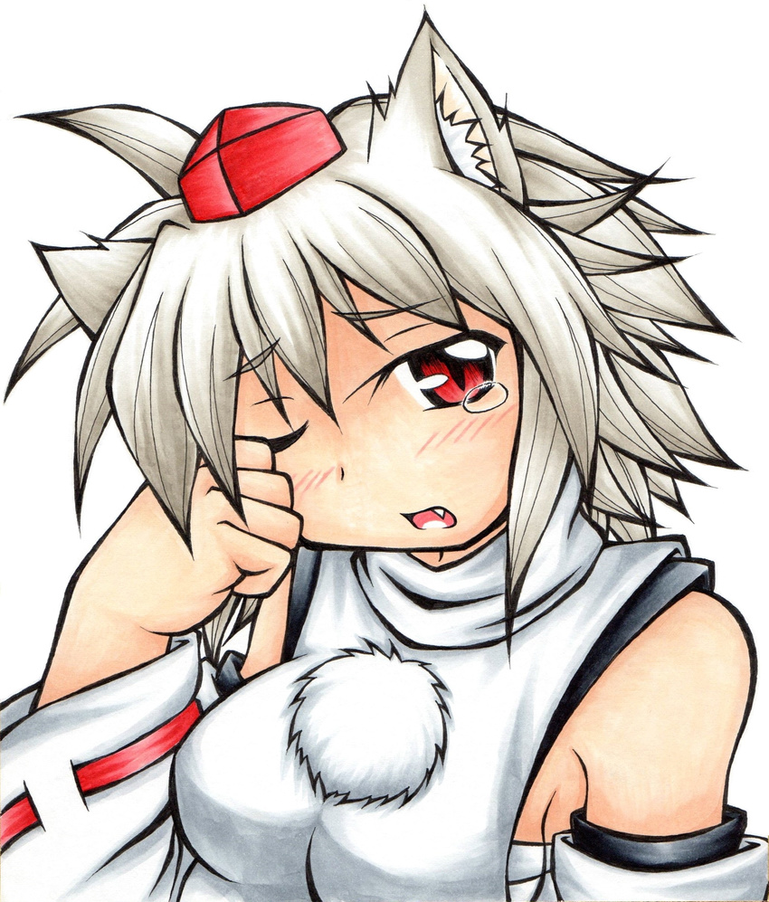 absurdres animal_ears bare_shoulders blush breasts commentary_request detached_sleeves female grey_hair hat highres inte_(whitewolftail) inubashiri_momiji looking_at_viewer medium_breasts oerba_yun_fang one_eye_closed open_mouth pom_pom_(clothes) red_eyes sarashi short_hair simple_background solo tears tokin_hat touhou white_background wolf_ears