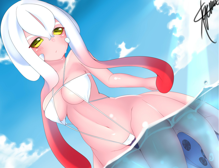 bikini blush breasts closed_mouth cloud colored_skin commentary_request day dutch_angle female gradient_hair highres kkmm_0216 long_hair medium_breasts monster_girl monster_musume_no_iru_nichijou multicolored_hair navel octo_(monster_musume) outdoors partially_submerged pink_skin red_hair scylla shiny_skin signature skindentation sky slingshot_swimsuit slit_pupils solo strap_gap swimsuit tentacle tentacle_hair very_long_hair white_bikini white_hair yellow_eyes