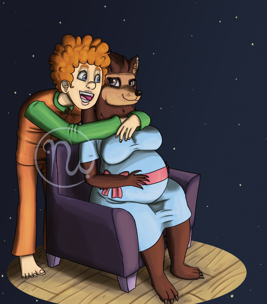 2019 3_toes 5_fingers 5_toes absurd_res age_difference aged_up anthro arms_around_neck arms_around_partner artist_logo belly big_belly big_breasts blue_clothing blue_dress blue_eyes bottomwear bow_ribbon breasts brown_body brown_claws brown_fur brown_hair canid canine chair claws clothing curled_hair dennis_(hotel_transylvania) digital_drawing_(artwork) digital_media_(artwork) dress duo ear_piercing eye_contact eyebrows eyelashes fangs feet female fingernails fingers floor fur furniture green_clothing grey_eyes hair hand_on_belly hand_on_breast hi_res hotel_transylvania human humanoid hybrid inner_ear_fluff interspecies leaning leaning_on_another lips logo looking_at_another male mammal monster multicolored_body multicolored_clothing multicolored_fur mythological_canine mythological_creature mythology nails neck_tuft older_anthro older_female open_mouth orange_bottomwear orange_clothing orange_hair orange_pajamas orange_pants pajama_pants pajama_shirt pajamas pants paws piercing pink_tongue pregnant pregnant_anthro pregnant_female purple_chair romantic romantic_couple short_hair sitting skywater smile smiling_at_another smiling_at_each_other smiling_at_partner sony_corporation sony_pictures standing star tan_body tan_skin teeth thick_thighs toenails toes tongue tuft vampire were werecanid werecanine werewolf whiskers wide_hips winnie_werewolf_(hotel_transylvania) wood wood_floor younger_human younger_male