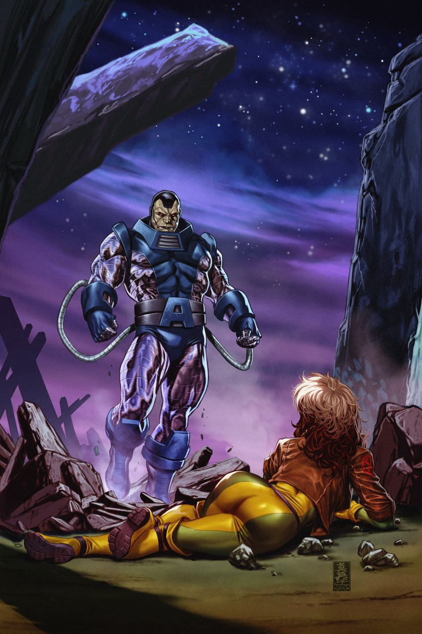 1boy absurdres apocalypse_(marvel) ass blue_gloves bodysuit brown_hair brown_jacket cable clenched_hands female gloves green_bodysuit highres jacket lying mark_brooks marvel multicolored_hair muscular muscular_male night night_sky purple_bodysuit purple_gloves rock rogue_(x-men) sky standing star_(sky) two-tone_bodysuit two-tone_hair western_comics_(style) white_hair x-men x-men:_the_animated_series yellow_bodysuit yellow_gloves