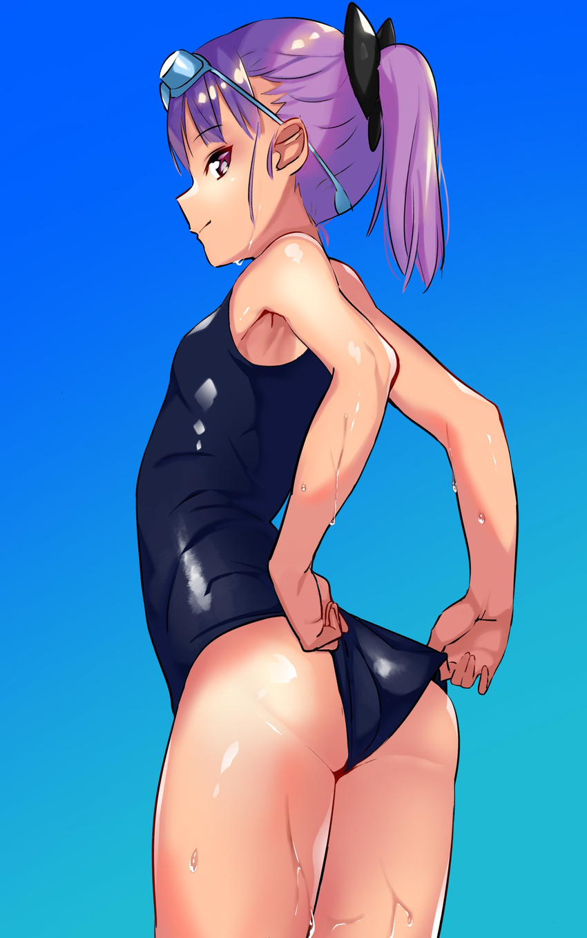 absurdres adjusting_clothes adjusting_swimsuit aoreyo ass bad_id bad_twitter_id blue_background cowboy_shot fate/grand_order fate_(series) female goggles goggles_on_head gradient_background helena_blavatsky_(fate) helena_blavatsky_(swimsuit_archer)_(fate) helena_blavatsky_(swimsuit_archer)_(first_ascension)_(fate) highres looking_at_viewer one-piece_swimsuit ponytail purple_eyes purple_hair school_swimsuit short_hair sideways_glance simple_background solo swimsuit wet