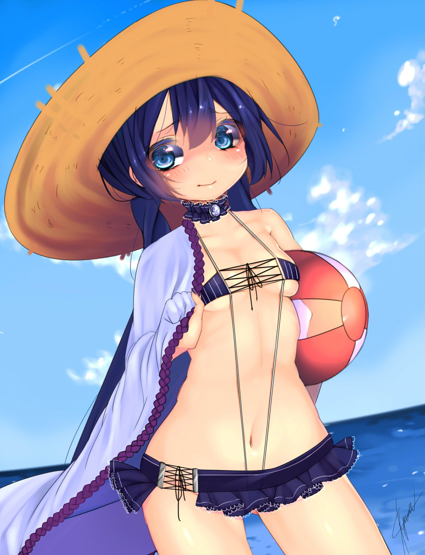 ball beachball bikini black_hair black_neckwear black_skirt blue_eyes breasts closed_mouth cloud commentary_request cowboy_shot day female flower_knight_girl hat highres holding holding_ball holding_beachball kuroyuri_(flower_knight_girl) long_hair looking_at_viewer miniskirt rishia_taichou skirt sky small_breasts solo summer sun_hat swimsuit water