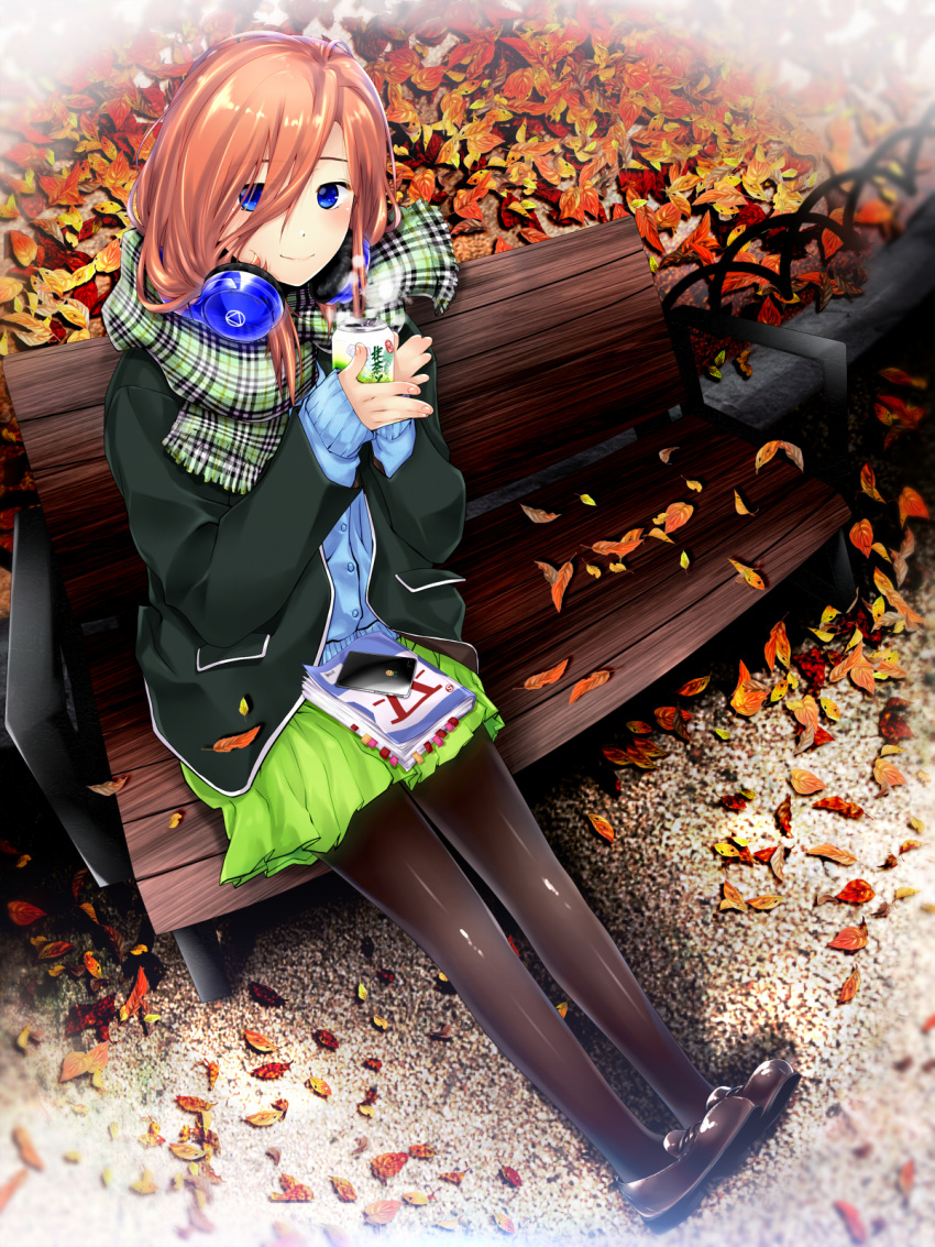 autumn_leaves bench black_footwear black_pantyhose blue_eyes blush closed_mouth commentary_request day drink female fingernails full_body go-toubun_no_hanayome green_skirt hair_between_eyes headphones headphones_around_neck highres holding holding_drink jacket leaf long_hair long_sleeves looking_at_viewer nakano_miku outdoors pantyhose red_hair scarf shirt shizuki_shuuya sitting skirt smile solo winter_clothes