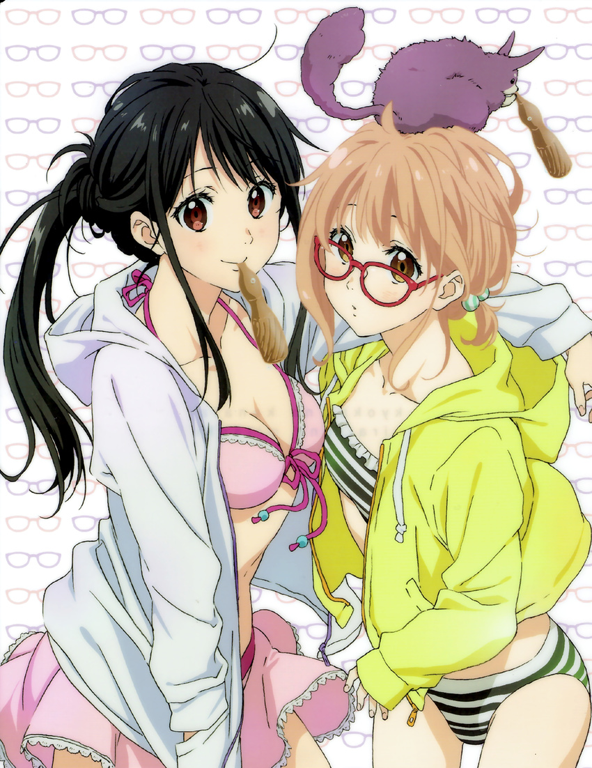 2girls absurdres animal animal_on_head bikini bikini_skirt black_hair bleed_through breasts brown_eyes brown_hair cleavage cowboy_shot flat_chest frilled_bikini frills front-tie_bikini_top front-tie_top glasses grey_jacket hair_bobbles hair_ornament highres jacket kuriyama_mirai kyoukai_no_kanata long_hair looking_at_viewer medium_breasts mouth_hold multiple_girls nase_mitsuki on_head open_clothes open_jacket pink_bikini ponytail red-framed_eyewear scan scan_artifacts short_hair smile striped_bikini striped_clothes swimsuit yakiimo_(kyoukai_no_kanata) yellow_jacket