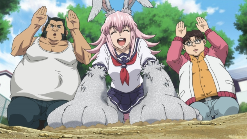 2boys :o animal_ears breasts bunny bunny_arms bunny_ears bunny_girl bunny_legs collarbone eyebrows_visible_through_hair female happy highres inaba_ui killing_bites large_breasts long_hair monster_girl multiple_boys navel pink_hair red_eyes screencap sitting smile solo