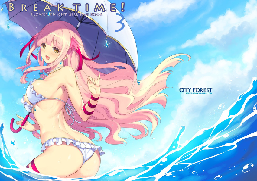 :d ass bikini breasts city_forest_online cloud commentary_request cover cover_page cowboy_shot day doujin_cover earrings female flower flower_knight_girl habranthus_(flower_knight_girl) hair_flower hair_ornament highres holding holding_umbrella jewelry long_hair looking_at_viewer medium_breasts necklace open_mouth pink_hair shiny_skin sky smile solo summer swimsuit umbrella wading water white_bikini yellow_eyes