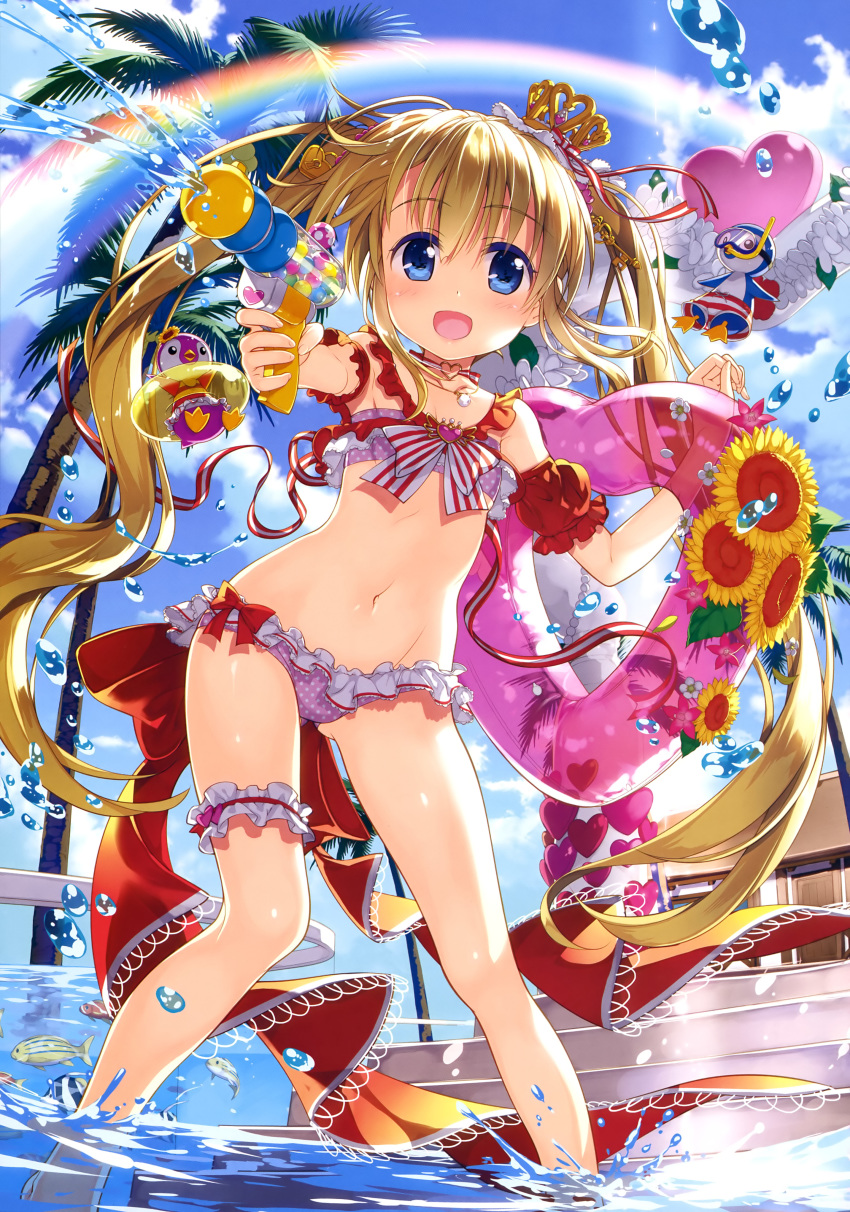 :d absurdres armpits arms_up ass_visible_through_thighs barefoot bikini bird black_eyes blonde_hair blue-framed_eyewear blue_eyes blue_sky boat bow bow_bikini bridal_garter brooch cardfight!!_vanguard cloud cloudy_sky collarbone creature crown day diving_mask female fish flat_chest flower frilled_bikini frills fujima_takuya goggles hair_between_eyes hair_flower hair_ornament hand_up heart heart-shaped_gem heart-shaped_innertube highres holding holding_swim_ring holding_water_gun innertube jewelry key_hair_ornament long_hair looking_at_viewer male_swimwear navel neck_ribbon necklace official_art one-piece_swimsuit open_mouth outdoors pacifica_(cardfight!!_vanguard) palm_tree penguin pigeon-toed pink_bikini pink_innertube pink_lips polka_dot polka_dot_bikini rainbow red_bow red_garter ribbon scan sky smile solo striped striped_ribbon sunflower swim_ring swim_trunks swimsuit tongue tree twintails water water_gun watercraft white_polka_dots yellow_flower