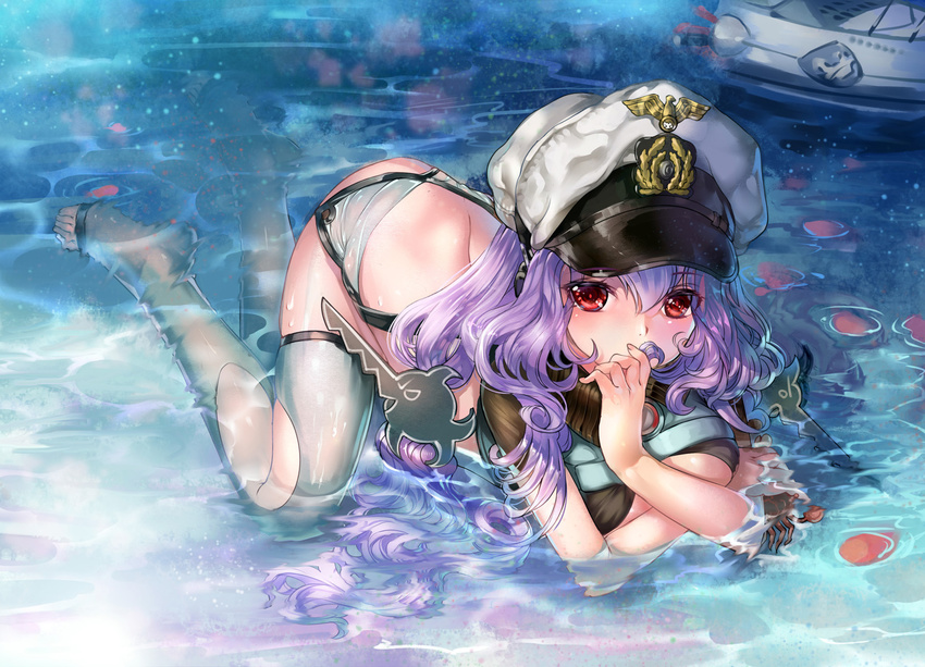 arm_support bent_over breast_hold breasts commentary_request covered_mouth crossed_arms damien_(desire_zhang) eyelashes female fish_hair_ornament grey_thighhighs hair_between_eyes hair_ornament hand_up hat highres kneeling large_breasts long_hair looking_at_viewer no_shoes partially_submerged peaked_cap petals petals_on_liquid photoshop_(medium) red_eyes ripples solo swimsuit thighhighs toeless_legwear u96_(warship_girls_r) warship_girls_r water wavy_hair wet white_hat