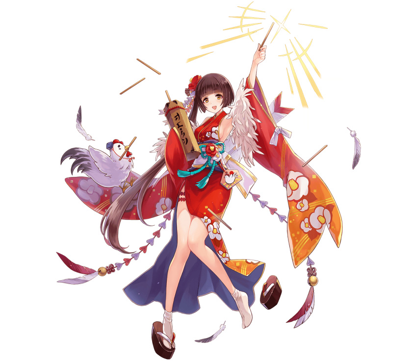 arm_up azusa_yumi_(phantom_of_the_kill) bird blunt_bangs breasts brown_hair chicken detached_sleeves ema feathers female full_body hand_up highres holding_omikuji japanese_clothes kimono looking_at_viewer obi official_alternate_costume official_art omikuji one_side_up open_mouth phantom_of_the_kill platform_footwear red_kimono sandals sash sideboob simple_background socks solo straight-on tabi thighs transparent_background white_socks yellow_eyes zouri